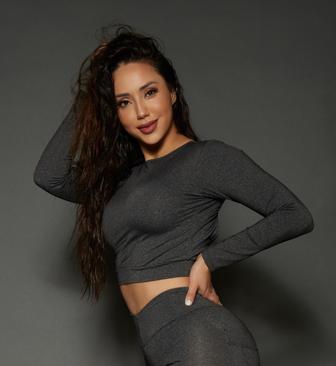 Heather Grey Long Sleeve Cropped Fitness Top (Thick Supplex)